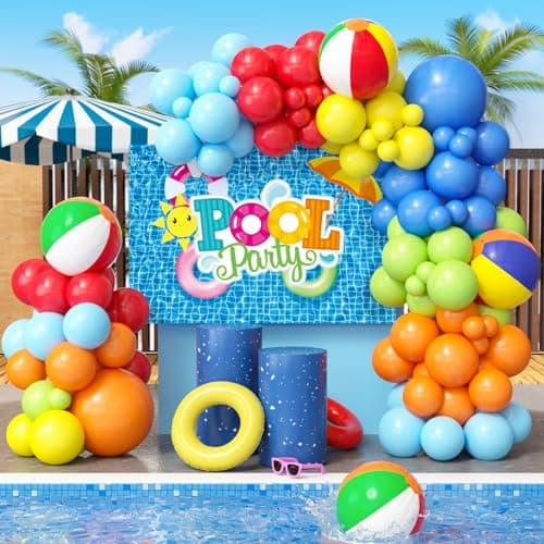 SNLN 129Pcs Pool Party Decorations Birthday Supplies Outdoor Pool Summer Theme Balloon Garland Arch Kit Backdrop Beach Ball Tropical Luau Hawaii Holiday Swimming Outdoor Pool Decor Party Supplies