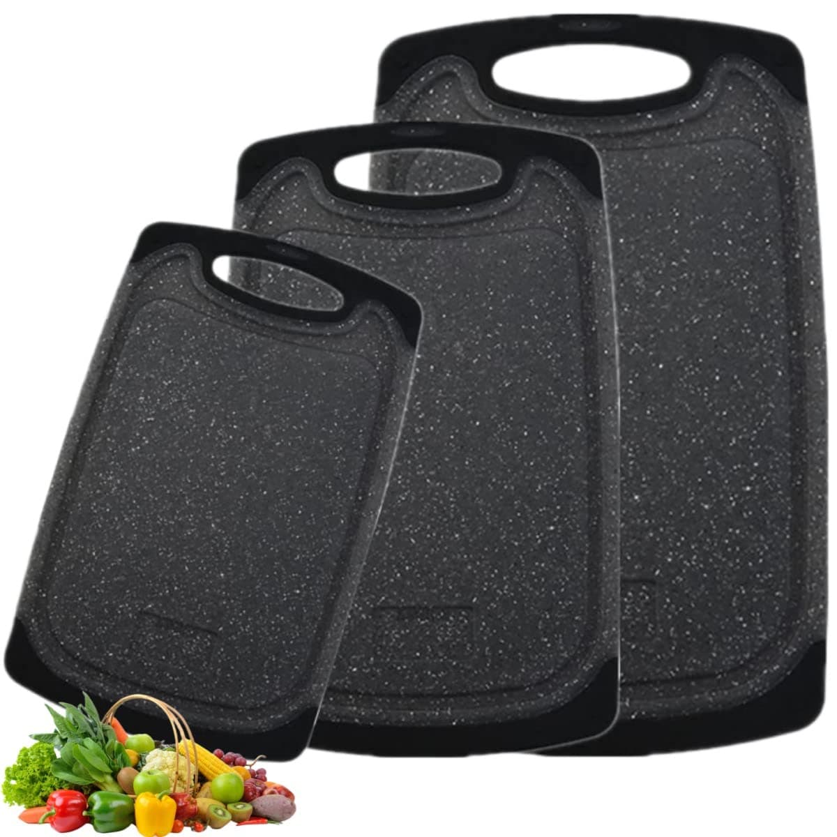 Black Chopping Board Set of 3 Plastic Kitchen Cutting Boards Large NonSlip Easy Grip Handle Dishwasher Safe Juice Groove Design for Meat Fruit Vegetable Food
