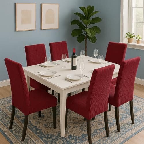 Homerz Premium Pack of 6 Korean Stretch Fit Jacquard Waterproof Chair Cover Removable, Strechable & Washable Short Dining Chair Cover Protector Seat Slipcover (Maroon, Pack of 6)