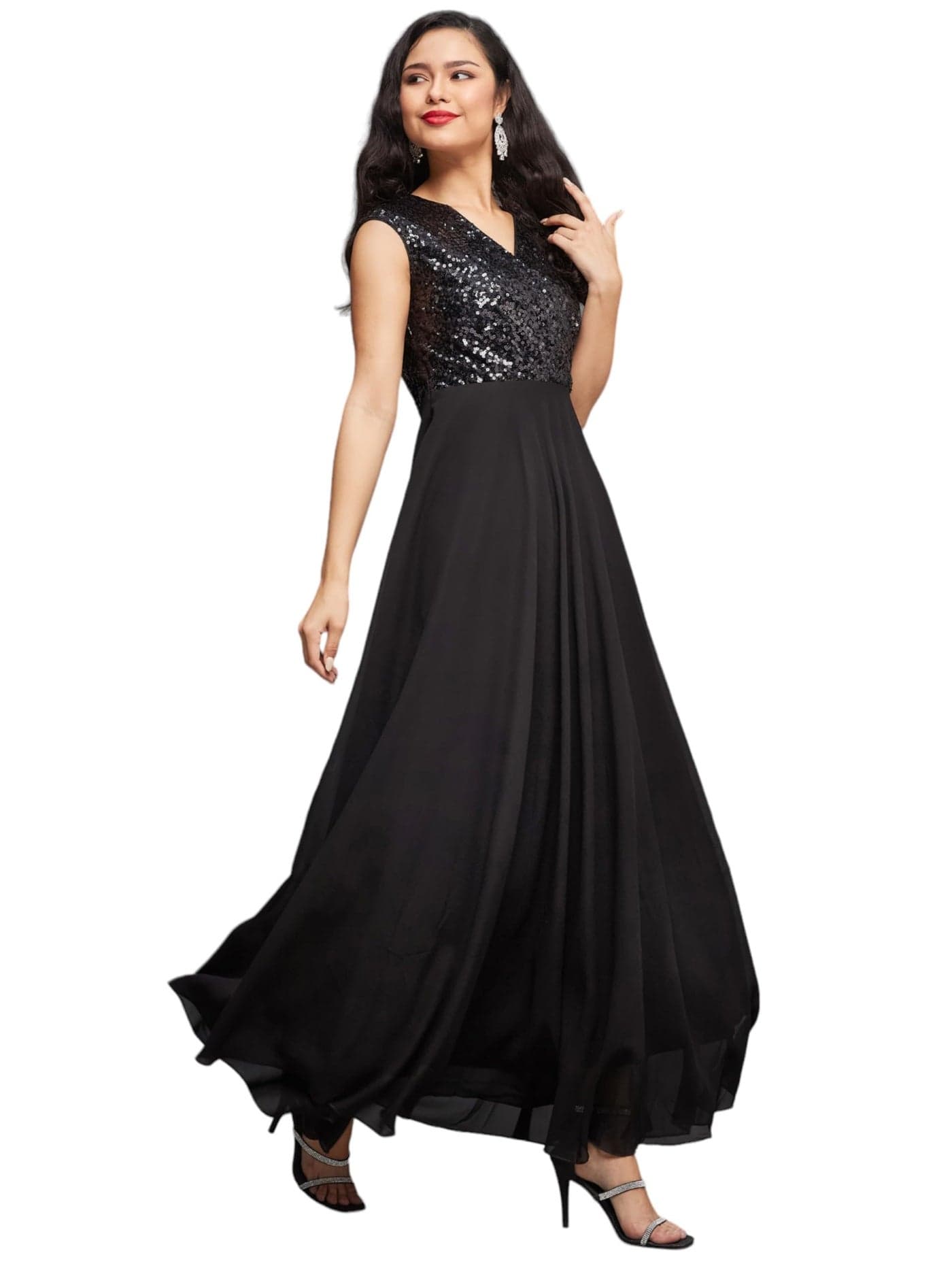 Miss Chase Women's V-Neck Cap Sleeved Solid Wrap Maxi Dress (MCAW22D99-88-62-02, Black, XS)