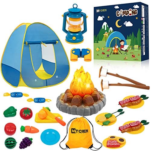 MITCIEN Kids Camping Play Tent with Toy Campfire Marshmallow Fruits Toys for Boys Girls Indoor Outdoor PretendPlay Game