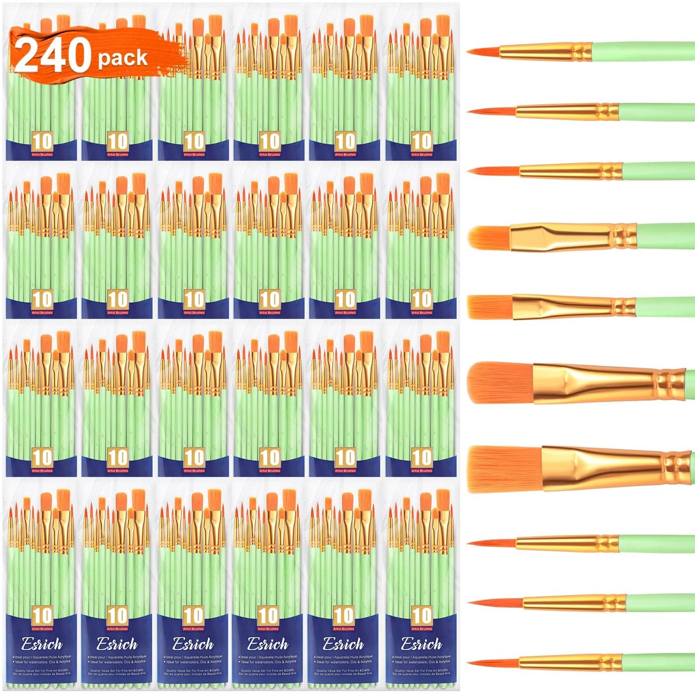 ESRICH Paint Brushes Set24 Packs 240 Pcs Acrylic Paint Brush SetAcrylic Oil Watercolor Face Nail Art Miniature DetailingRock PaintingPainting Artist Professional KitsGreen