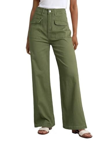 Dokotoo Women's Pants High Waisted Cargo Pants Womens Wide Leg Baggy Jeans for Women Straight 2025 Spring Outfits Fashion Clothes Casual Trendy Pocket Teen Girls Trousers Stretch Denim Green