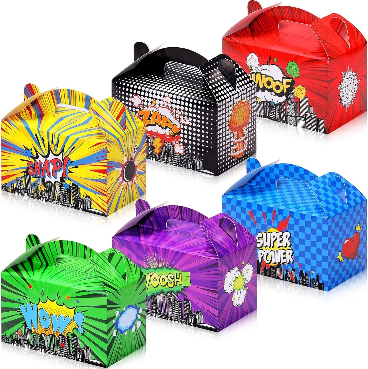 Teling 24 Pcs Hero Party Favor Boxes Treat Boxes Hero Action Sign Box Cartoons Gift Box Cardboard Goodie Snack Candy Bags for Kids Girl Boy Birthday Party Baby Shower Supplies Decorations