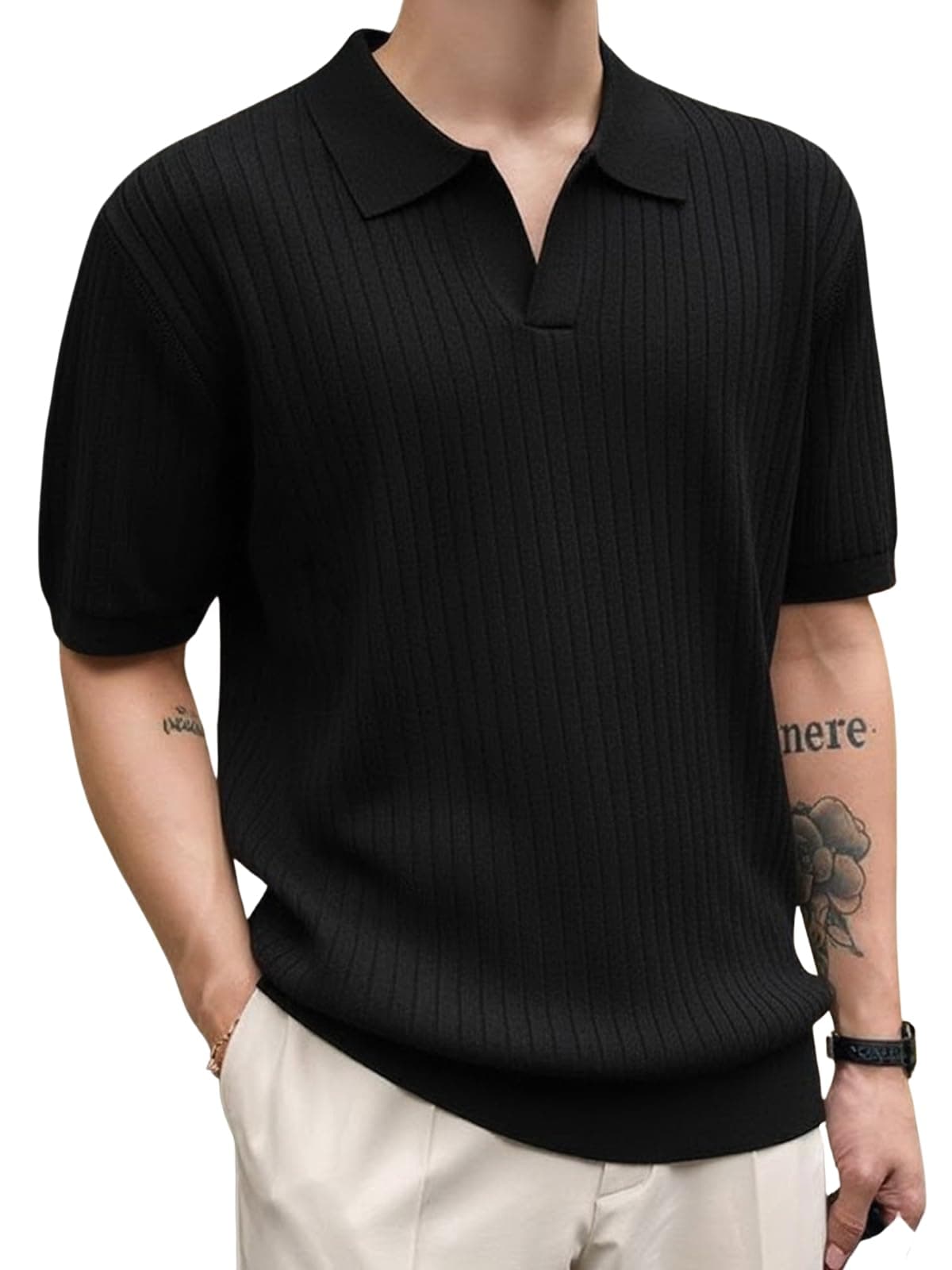 Veirdo® Men’s Casual Ribbed Polo Collar Knit T-Shirt | Slim Fit Short Sleeve Polo for Men | Flat Knit Textured T-Shirt Perfect for Office, Party, Travel (Polo_FK3_BL_M) Black
