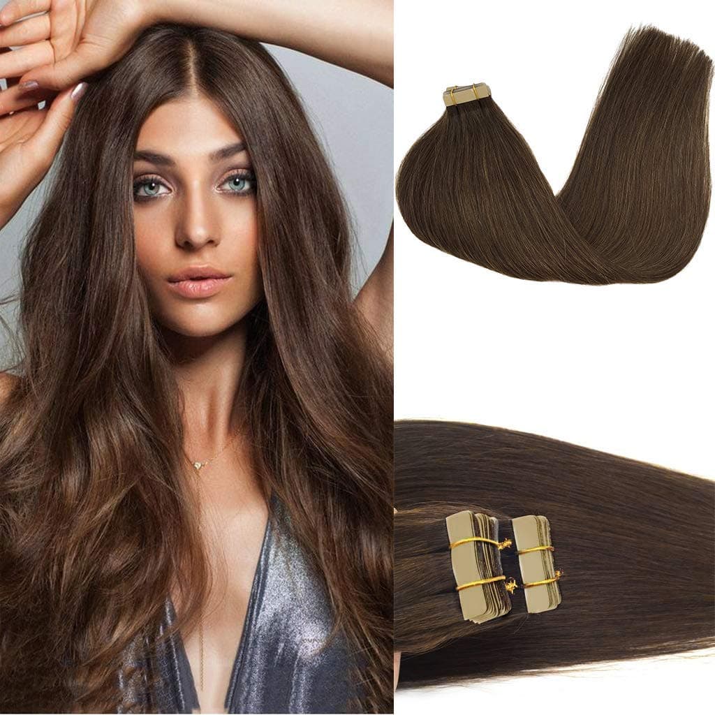 GOO GOO Tape in Hair Extensions Human Hair 4A Chocolate Brown 20inch 50g 20pcs Skin Weft Seamless Invisible Silky Straight with Thick Ends Remy Human Hair