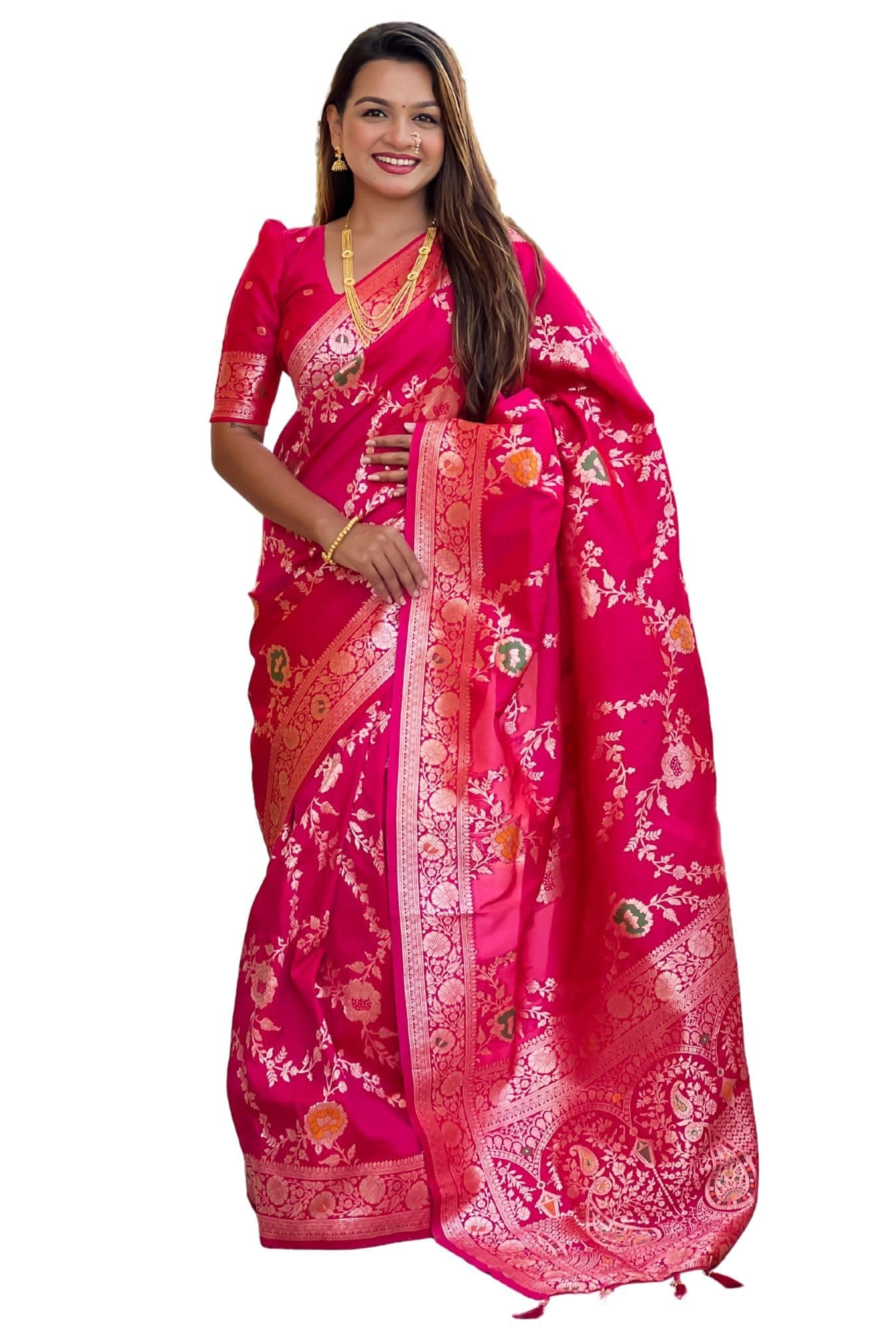 SGF11 Women's Kanjivaram Pure Soft Silk Saree With Unstitched Blouse Piece (Rose Pink)