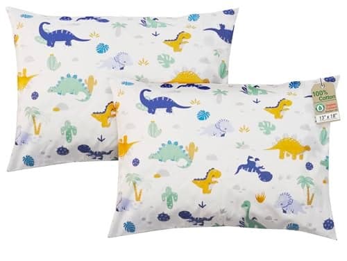 ZPECC Toddler Pillow with Pillowcase Organic Cotton Hypoallergenic Kids Pillow Baby Essentials for Travel Crib Daycare Stroller Intended for Age 2 and up Dinosaur 2 Piece Set 13x18