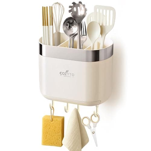 COZYTO LuxTray U1-Pro Wall Mounted Utensil Holder – Kitchen Organizer with Hooks, Dividers & Drain Tray, No-Drill Adhesive Wall Mount Storage, BPA-Free (Cream White & Shiny Silver)