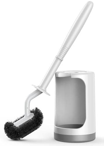 HAMITOR Toilet Bowl Brush Holder Set: Curved Design with Holder for Deep Cleaning Under Rim - Compact Hidden Scrubber for Small Space - Modern RV Bathroom Accessories - White