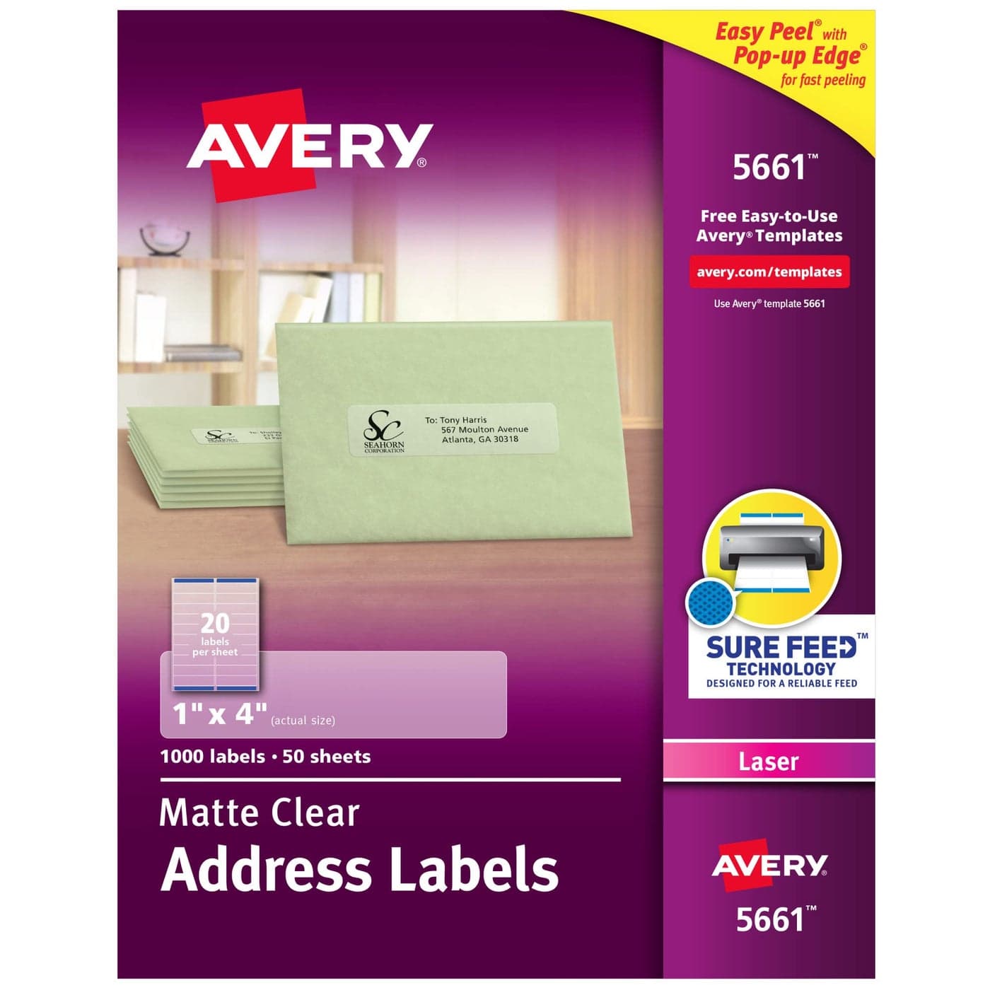 Avery Printable Address Labels with Sure Feed 1 x 4 Matte Clear 1000 Blank Mailing Labels 05661