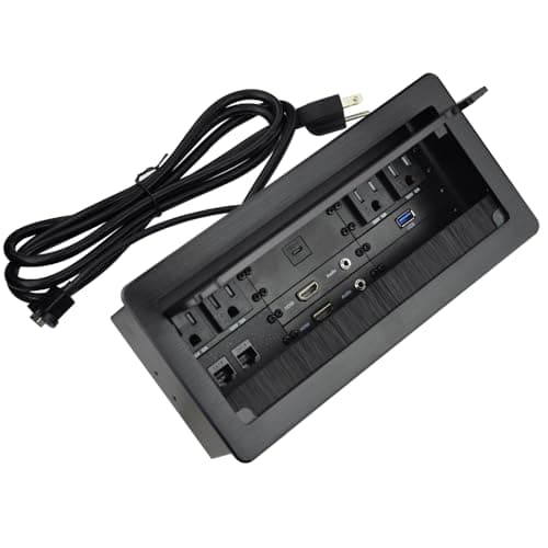 Tabletop Multimedia Connectivity Box with 4 AC Power+2 HDMI+2 RJ45+1 USB3.0 Port +1 USB-C +2 Audio with 5.58ft Power Cord for Conference Room Office Desk(Black)