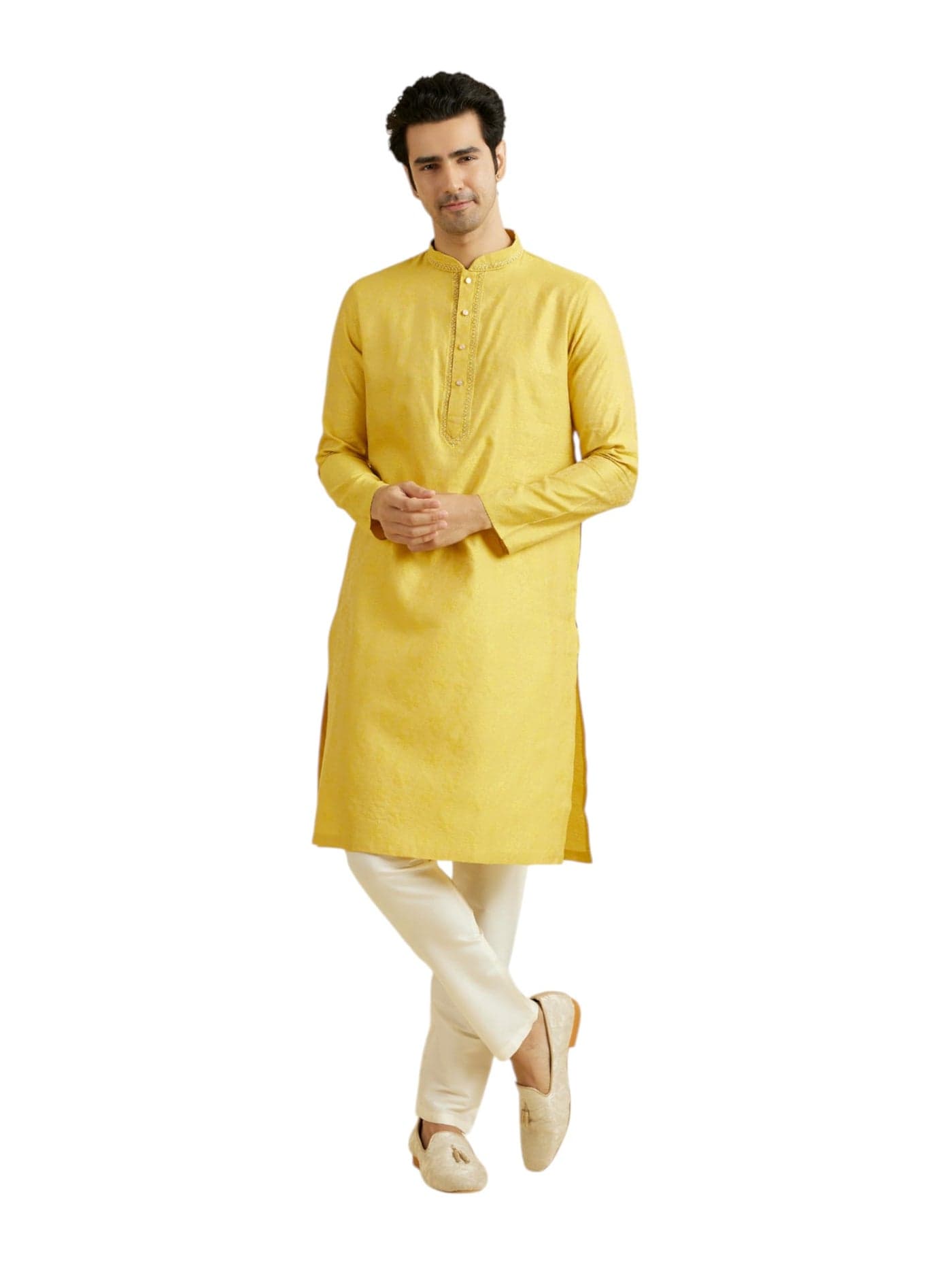 Manyavar Men's Viscose Blend Self Design Kurta Pyjama Set (Mustard,M)