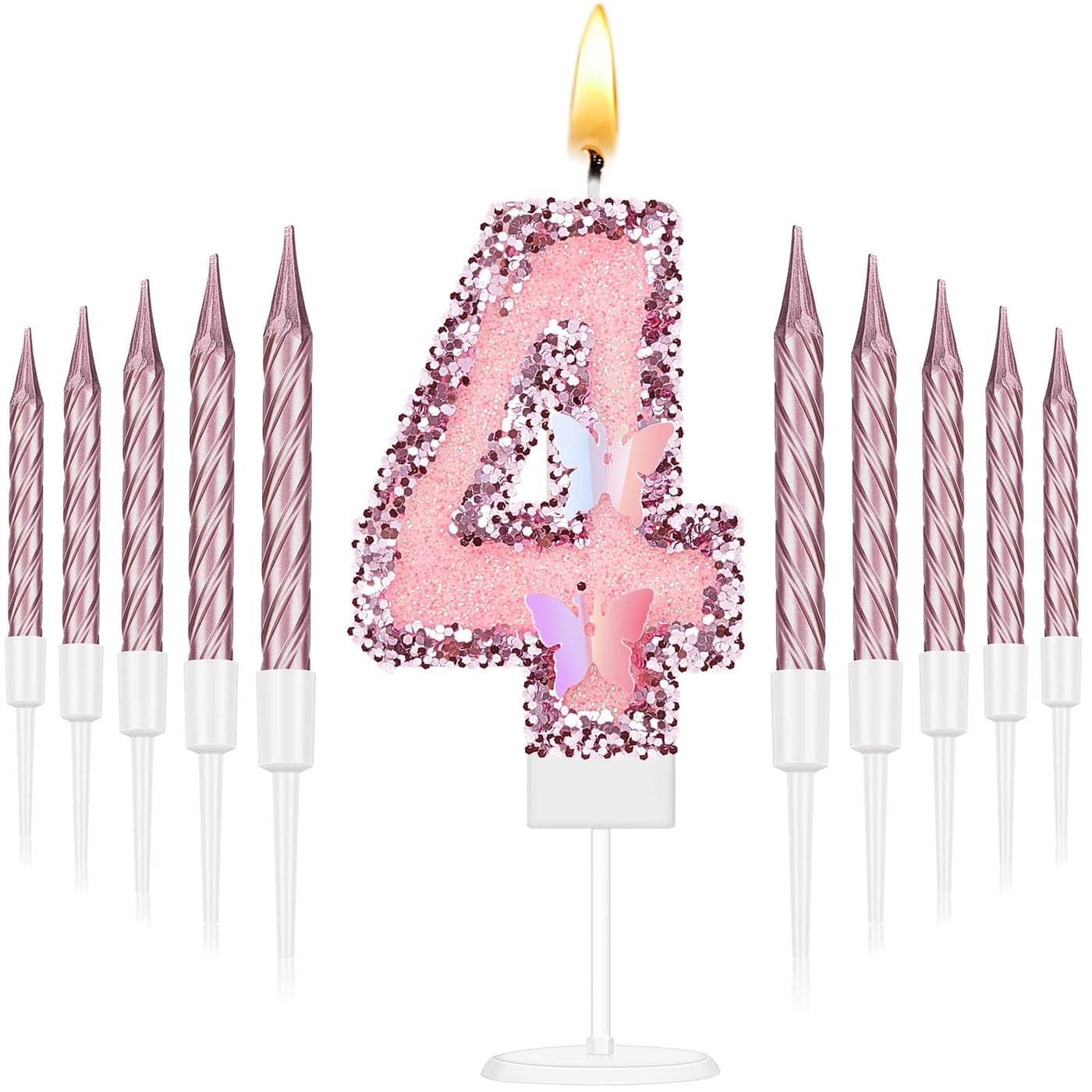 Amylove 4 Birthday Candle Pink Glitter Birthday Candles for Girls Princess Sequin 4th Number Happy Cake Topper with 10 Long Thin Cupcake Candle for Party Cake Topper Party Decor