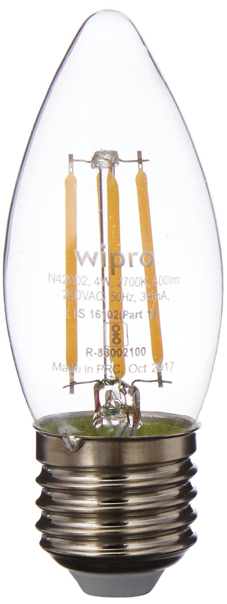 wipro Garnet 4 W E27 Base Candle Filament Bulb | Warm White (2700K) | Pack of 4 | Clear optics for sparkling effect | LED Filament Bulb for Home, office, chandellior, decorative lamp shade
