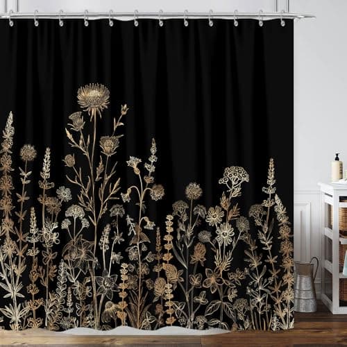Vintage Black and Gold Boho Shower Curtain, Black and Tan Cream Floral Aesthetic Dark Wildflower Botanical Flowers Shower Curtain for Bathroom with Hook,Farmhouse Plant Art Chic Shower Curtain 72X72