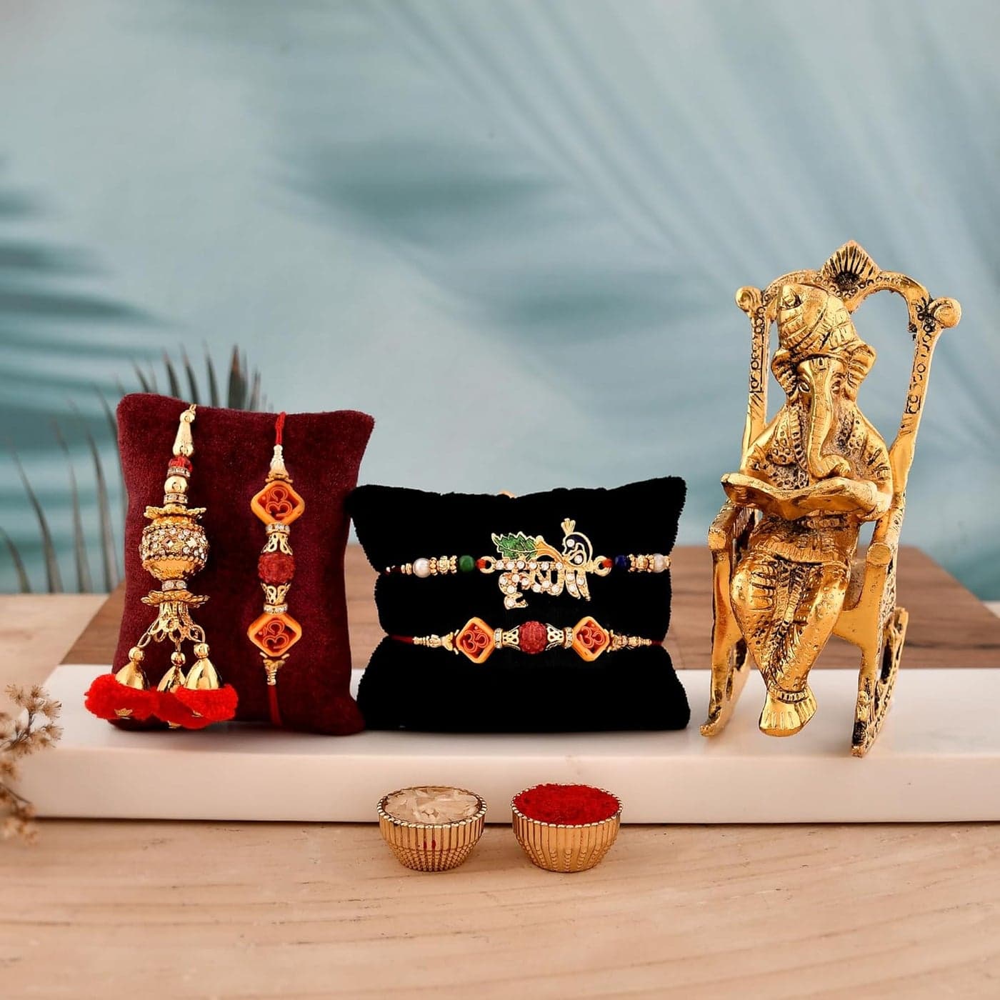 Rakhi Gift for Brother Set of 4 Rakhis Rakhi for Brother and Bhabhi with Ganesha Gift Combo / Premium Unique Gifts hamper /Rakhi Gifts - Krishna Rakhi/Greeting Card/Lumba Rakhi/ Rudraksh Rakhi/ Gift Hamper (Ganesha)