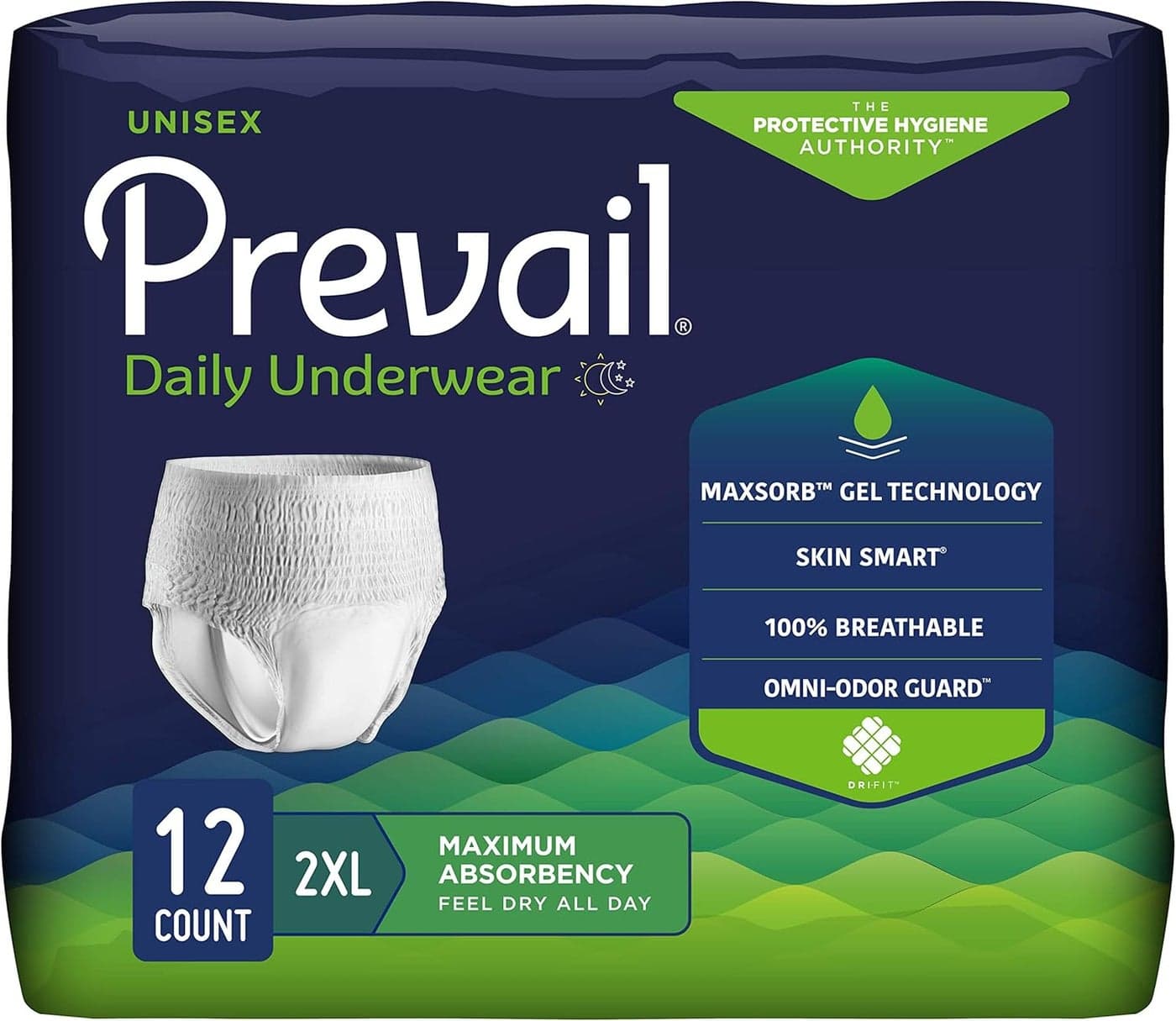 Prevail Daily Protective Underwear, Unisex Disposable Adult Diaper for Men & Women, Maximum Absorbency, XX-Large, 12 Count Bag
