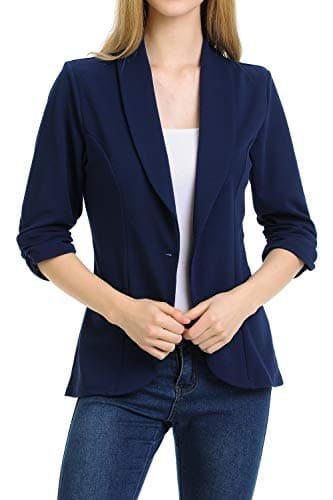MINEFREE Women's 3/4 Ruched Sleeve Lightweight Work Office Blazer Jacket Navy L