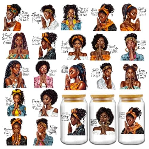 Black Women UV DTF Stickers 20 Sheets Christian Faith Uvdtf Tumbler Wraps for 16 oz Glass Water Bottle African Girl Praying Transfer Sticker Decals DIY Mug Bumper Diary Creative Decoration