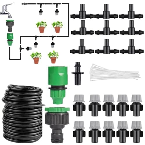 ORTIZA® Automatic Garden Watering System - Slow Drip Irrigation Kit with 10 Tee Connector - Garden Water Dripper for Plant with 10M Long Drip Irrigation Pipe Outdoor Lawn & Watering Equipment