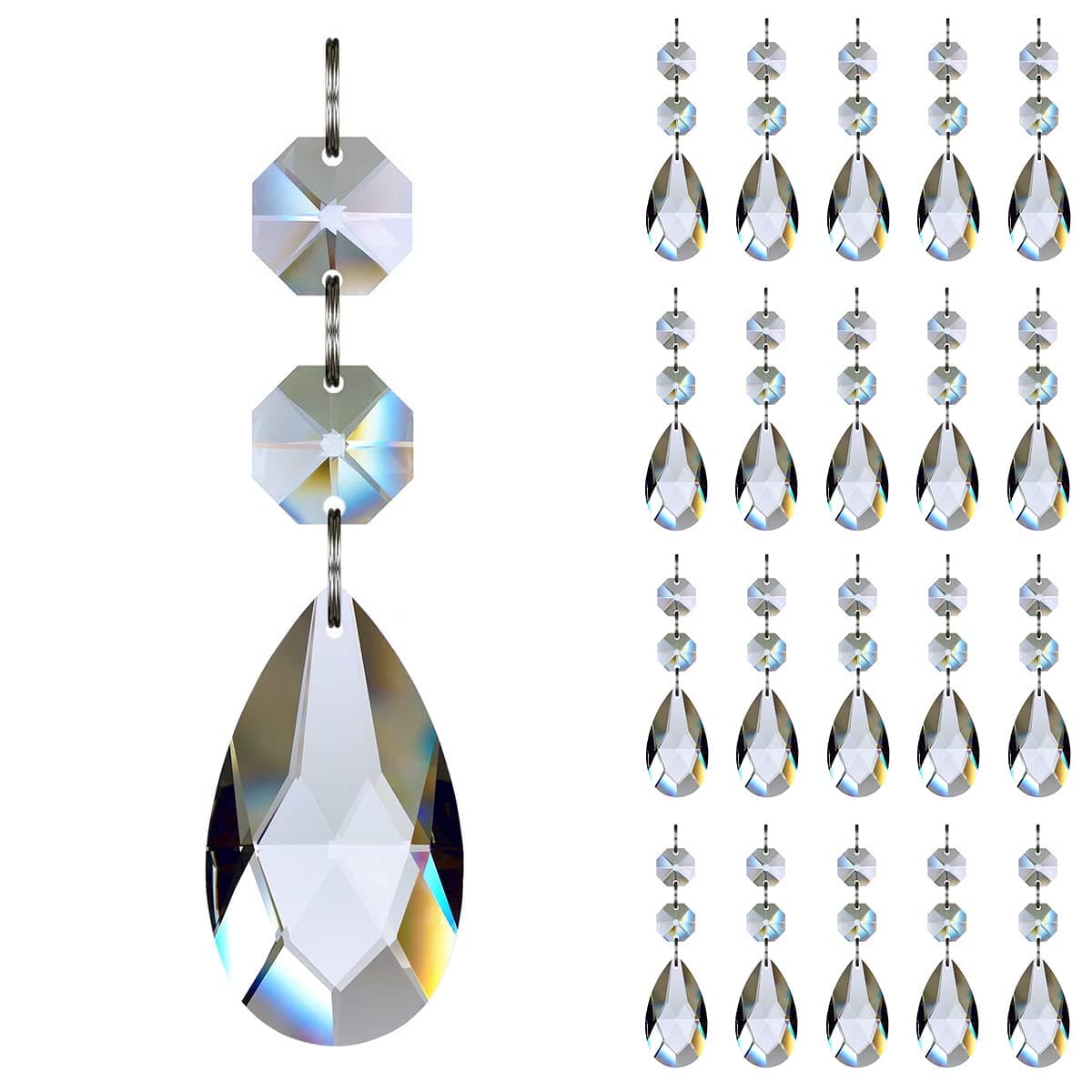 GOLDENHAITAI 20pcs 28mm Teardrop Chandelier Crystals Clear Crystal Chandelier Prisms Pendants Parts Connected Glass Octagon Beads Hanging Garland Decoration