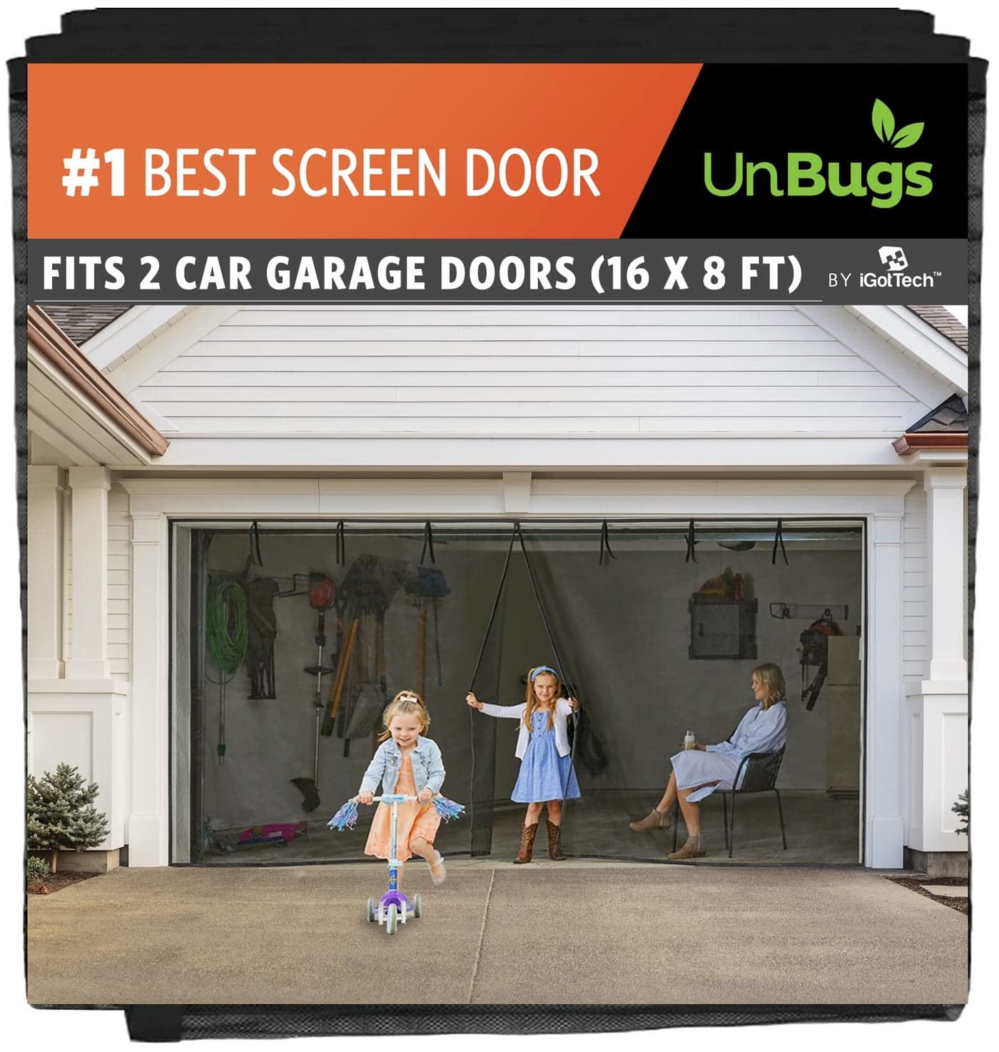 UnBugs Garage Screen Doors for 2 Car Garage - Fits Double Garage Doors up to 16 Feet Wide x 8 Feet Tall MAX- Pet & Kid Friendly, Self-Closing - Hands Free Magnet Closure Keeps Bugs Out & Breeze in
