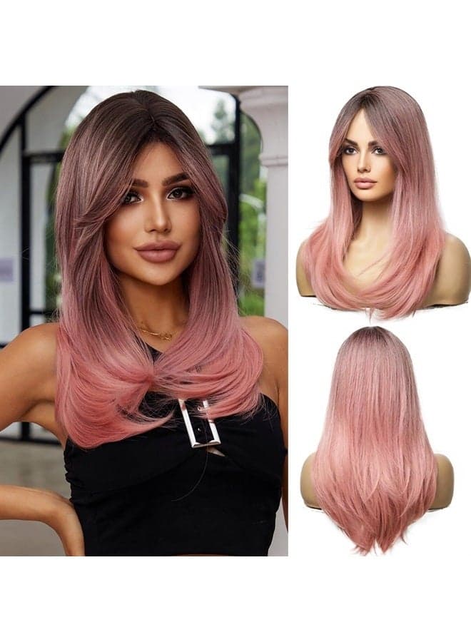Long Ombre Pink Women's Wig Layered Synthetic Hair Wig with Dark Roots for Everyday Party Cosplay pink wig - 20"