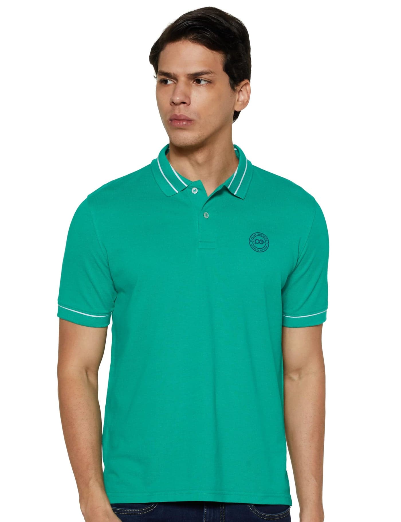 Peter England Men's Regular Fit Branded Insignia Half Sleeve Polo T-Shirt | Cotton Rich | Premium Pique Weave Ivy Green