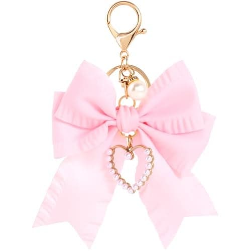 Joez Wonderful Pink Bow Keychains, Coquette Pearl Bookbag Charms, Aesthetic Purse Charms, Cute Bow Accessories for Wistlet, Purse, Car Keys, Phone Case (Wrinkle - Pink Bow)