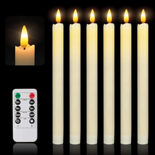 Baleid Led Flameless Ivory Taper Candles Flickering with 10 Key Remote Battery Operated Timer, Warm 3D Wick Light Window Candles Real Wax Pack of 6, Christmas Home Wedding Decor (White)