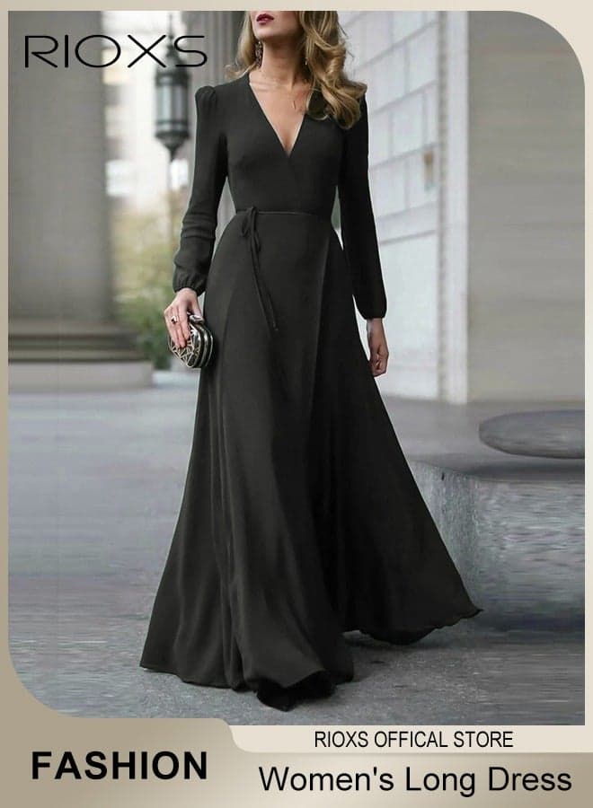 Women's V-neck Long-sleeved Maxi Dress, Elegant High Waist Formal Dress for Ladies, Flowy Ruched Wrap Long Dress with Back Zipper and Belt, Stylish Exquisite Evening Prom Dress, Perfect for Both Casual and Formal Occasions, Black