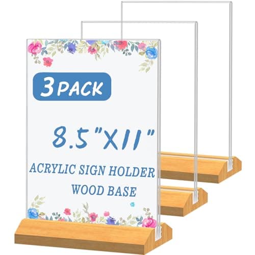 QLKGWEA 3 Pack Acrylic Sign Holder 8.5 x 11 Inch with Wood Base,Signs Stand for Menu Flyer Display, Table Clear Plastic T Shape Holder for Stores, Restaurants, Hotels, Office