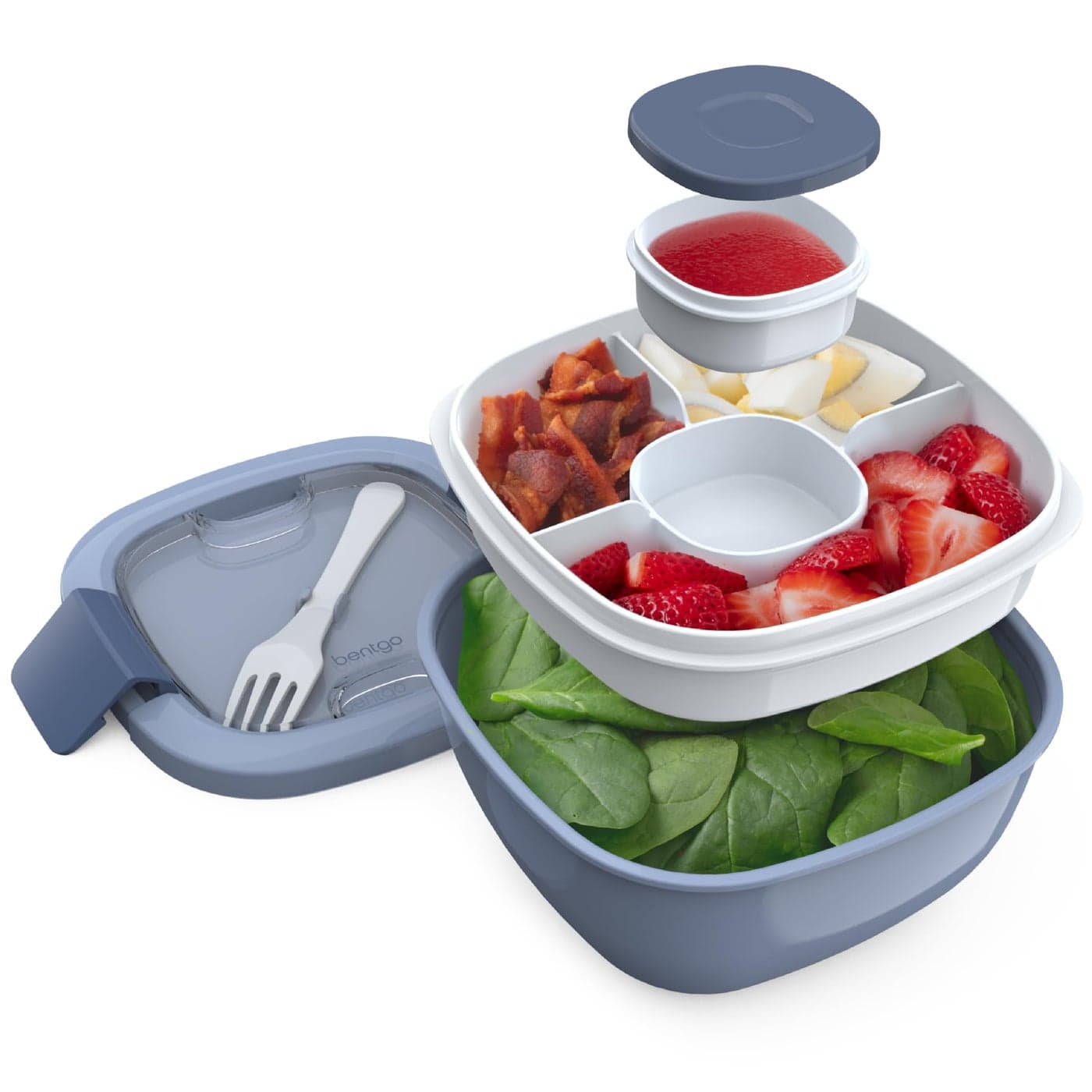 Bentgo Salad Container 54 oz Bowl with 4Compartment Toppings Tray LeakProof Dressing Container Reusable Fork BPAFree Lunch Box for Meal Prep Food Storage Removable Bento Tray Slate
