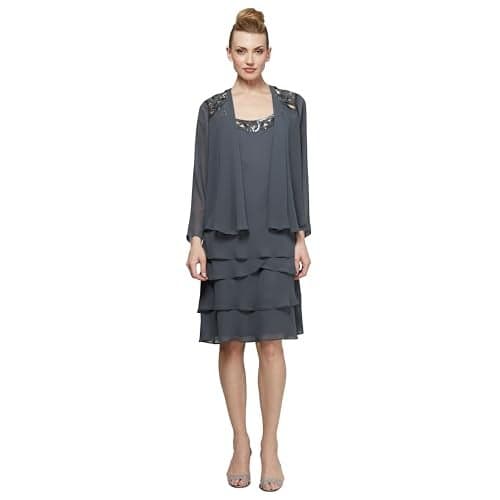 S.L. Fashions Women's Regular Mother of The Bride Jacket Dress with Sequined Cut Out Shoulder, Steel Cutout, 12