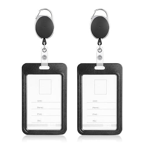GLUN® Pack 2 Sliding Badge Holder Hard Black Vertical Plastic Card Case Protector with Retractable Badge Reel Carabiner for Office School ID Credit Proximity Key Card Driver’s License and Pass