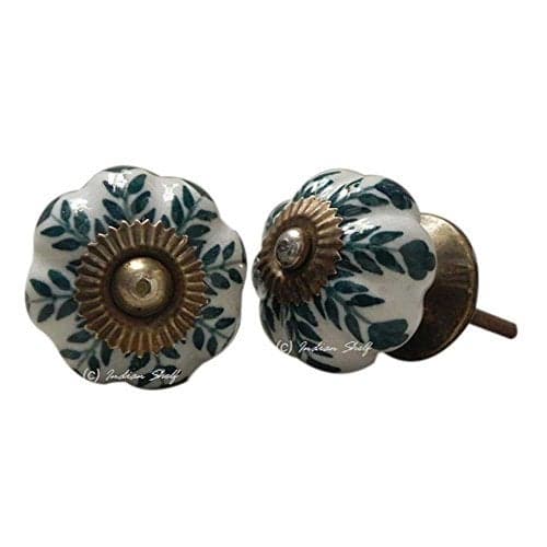 Indian-Shelf 2 Piece Green Leaf Ceramic Luxurious Drawer Knobs for Kitchen Cabinet Hardware Door Pulls Decorative Dresser Elegance