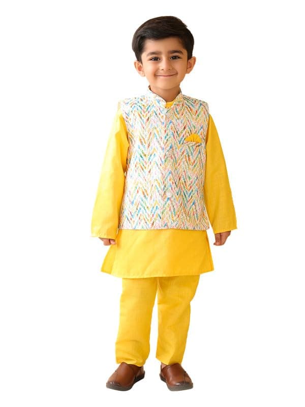 superminis Boys Cotton Printed Gota Work Kurta Pyjama with Jacket Ethnic Wear Set (5-6 Years, Yellow)
