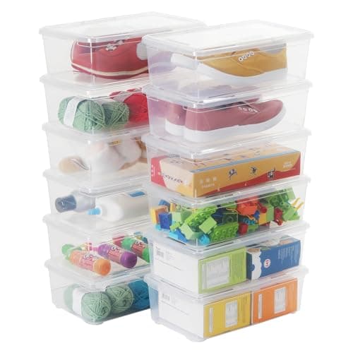 OMNISAFE Stackable Plastic Storage Shoebox, BPA-Free Nestable Container with Latching Lid to Organize Shoes, See-Through Box for Home and Office, Multi-Purpose Clear Bins (12 Pack 6 Quart)