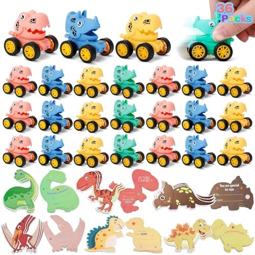 36 Pack Valentines Day Cards for Kids School 36 Dinosaur Pull Back Cars Toys with Valentines Cards for Kids Classroom Kid Valentines Classroom Exchange Prize Toy Boys Girls Valentine Party Favors