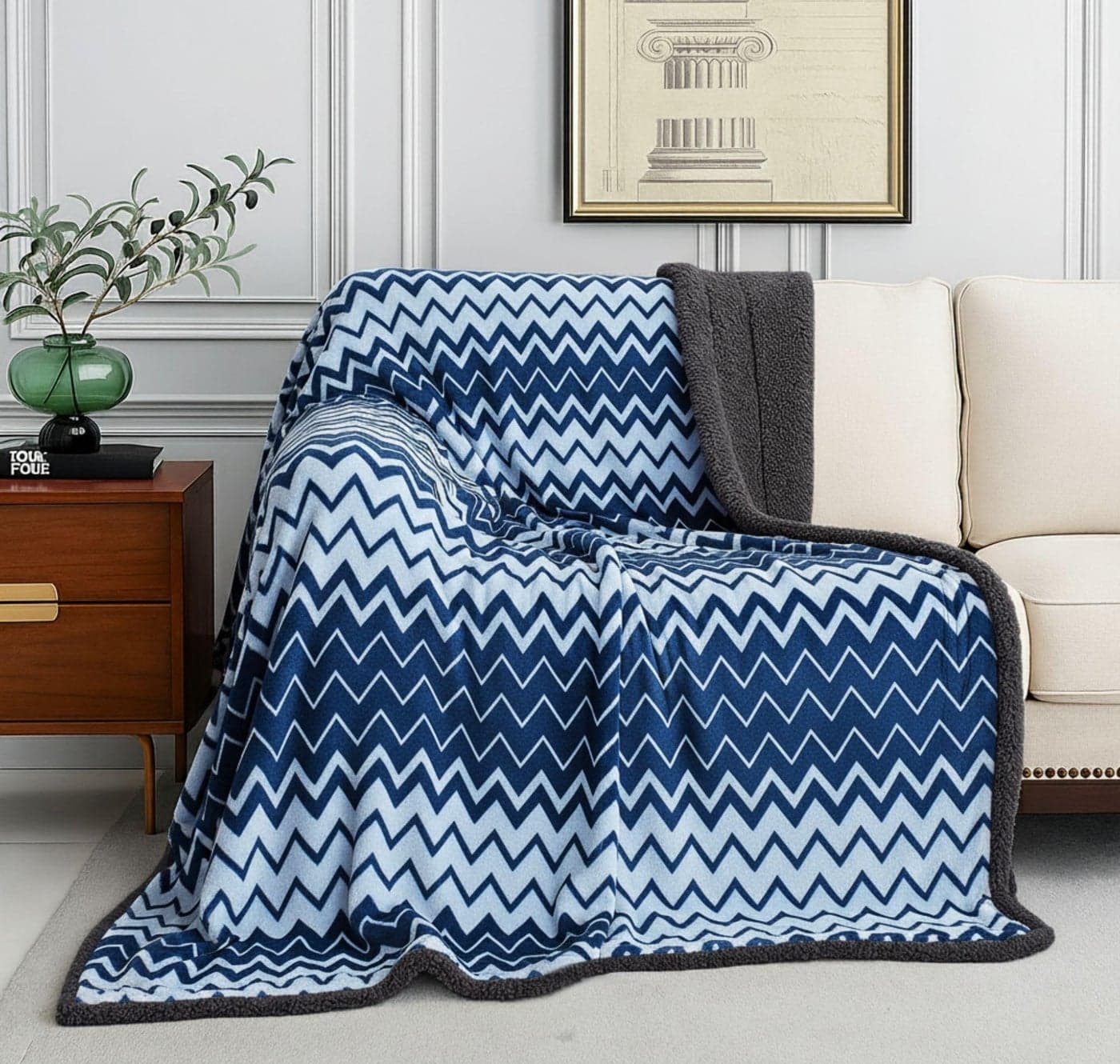 BSB HOME Sherpa Blanket Zigzag Flannel Blanket – 220x240 cm, Soft, Plush, Fluffy, Fuzzy, Warm, Cozy Perfect for Couch, Bed, Sofa, Chair - Reversible AC Blanket King Size - Light and Dark Blue & Grey