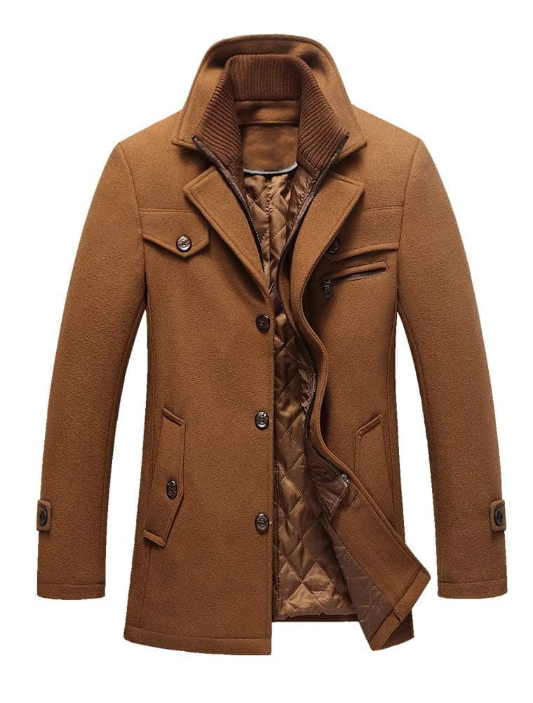 Lavnis Mens Winter Wool Coats Slim Fit Single Breasted Trench Jacket Woolen Pea Coat Khaki L