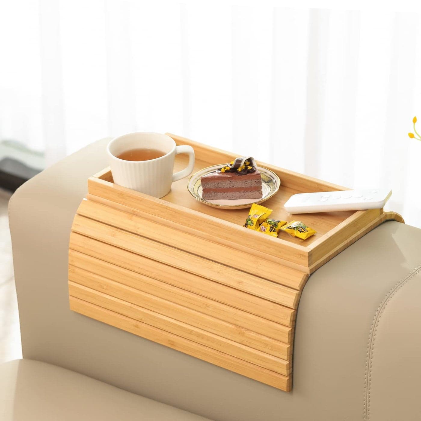 GEHE Bamboo Sofa Arm Tray Foldable Couch Arm Tray Side Table AntiFalling Armrest Tables Cup Holder for Snacks Drinks Beers Phone Control Flexible and Portable AntiSlip Bottom