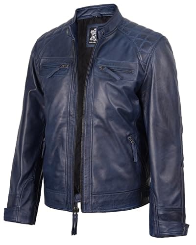fjackets Real Lambskin Leather Jackets For Mens Moto Quilted Cafe Racer Zip Up Moto Leather Jacket Men 1127125 Johnson Blue XL