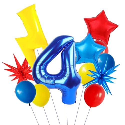 Cartoon Hedgehog Birthday Decorations Blue 4 Balloon Number 40 inch Lightning Balloons 12 inch Red Yellow Blue Balloons for Cartoon Hedgehog Carnival Circus Party 4th Birthday Decorations Boy