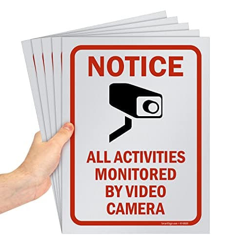 SmartSign (Pack of 5) 12 x 9 inch “Notice - All Activities Monitored By Video Camera” Sign, Screen Printed, 10 mil Polystyrene Plastic, Red/Black on White, Made in USA