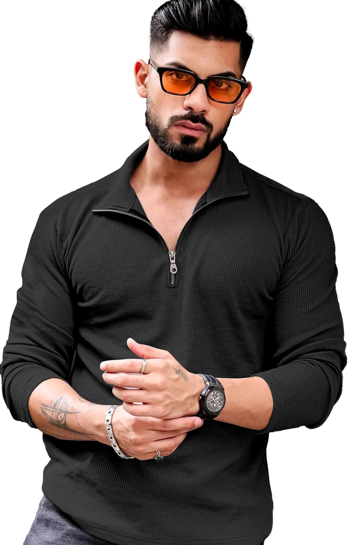 KAJARU Men's Polyester Blend T Shirt with Spread Collar Neck Line Zipper Closure Full Sleeves Solid Pattern Regular Fit and Standard Length Black