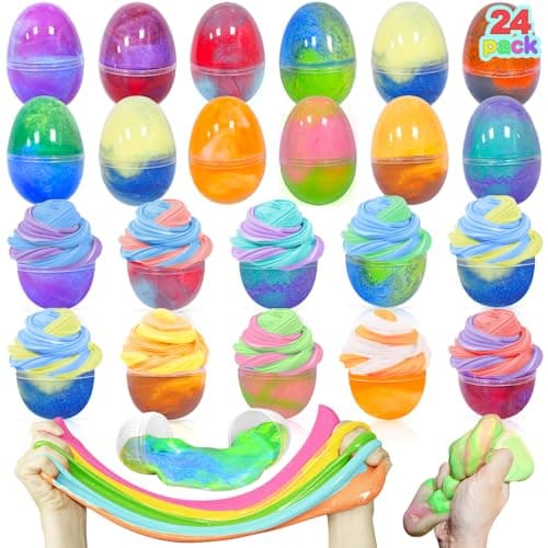 24 Pack Easter Eggs Filled with Butter Slime Toys Colorful Slime Kit NoStickyStress Relief Squeeze Toys Easter Basket Stuffers for Kids Boys Girls Surprise Egg Hunt Party Favor Classroom Prize Gifts