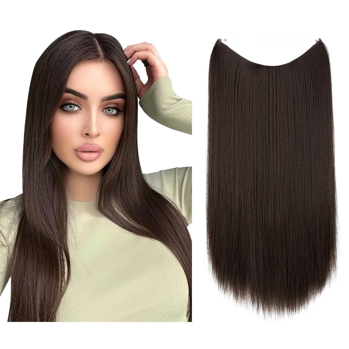 SARLA Dark Brown Invisible Wire Hair Extensions Straight Long Synthetic Hairpieces 22 Inch Adjustable Transparent Headband for Women