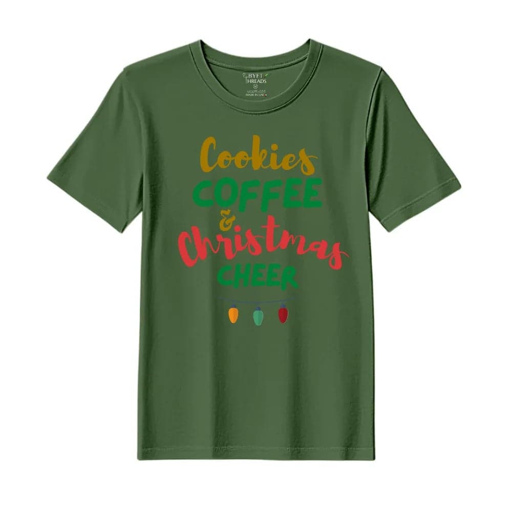 BYFT Threads XXL Forest ELF Green Polycotton T-Shirt - Christmas "Cookies Christmas Cheer" Printed Design, Premium Holiday Collection